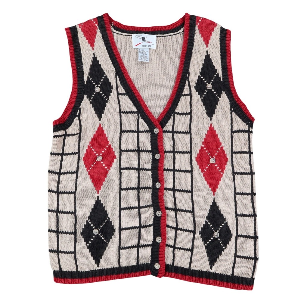 SML Sport Ltd Sweater Vest Small 1996 Vintage Beige Argyle Button Front NWT